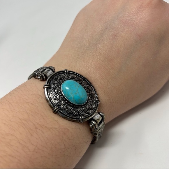 Faux Blue Turquoise Oval Cabochon Filigree Bracelet Layered Silver Tone Chain 7" - Picture 2 of 7